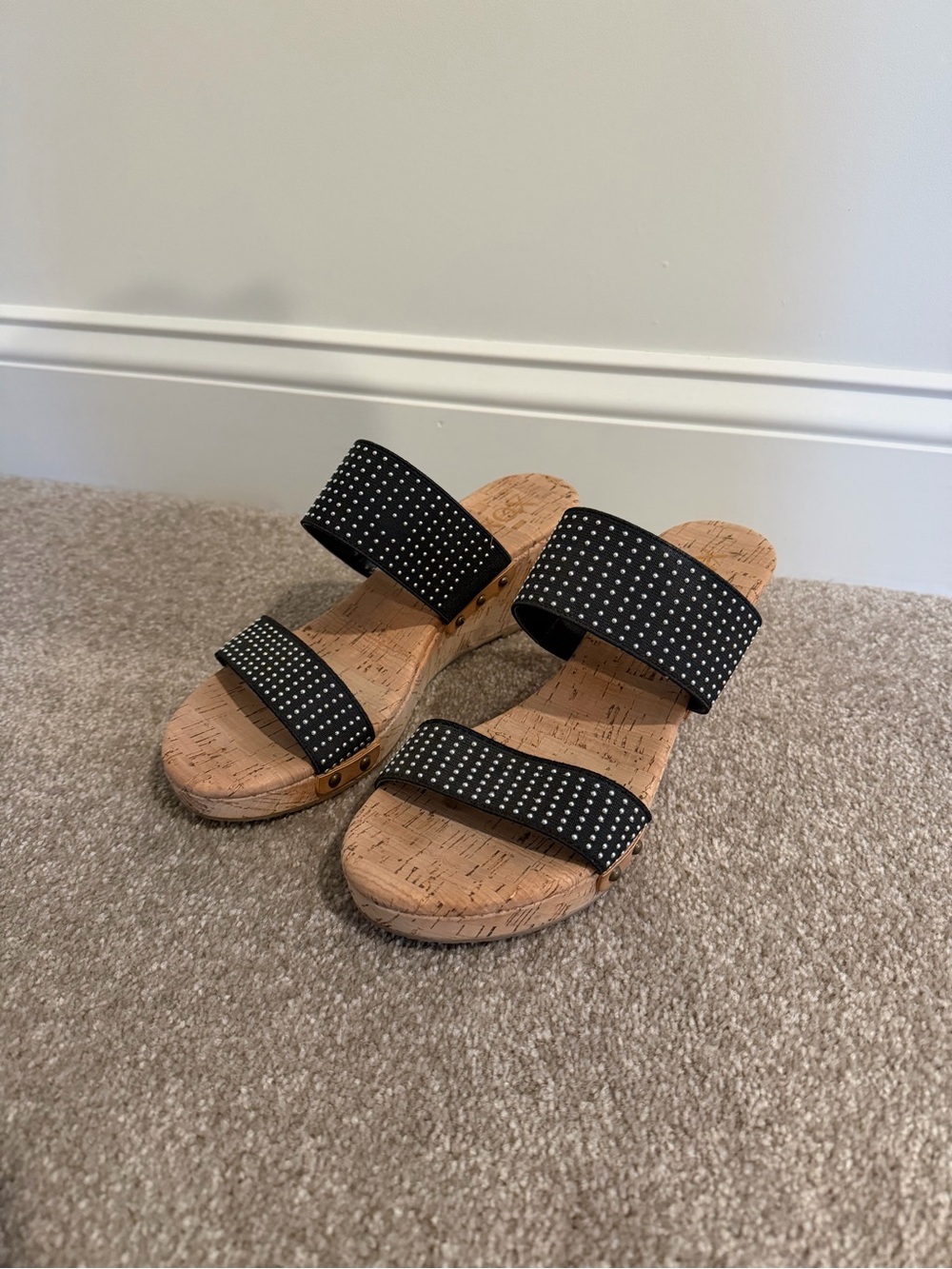 XOXO Black Studded Double-Strap Cork Slide Sandals
